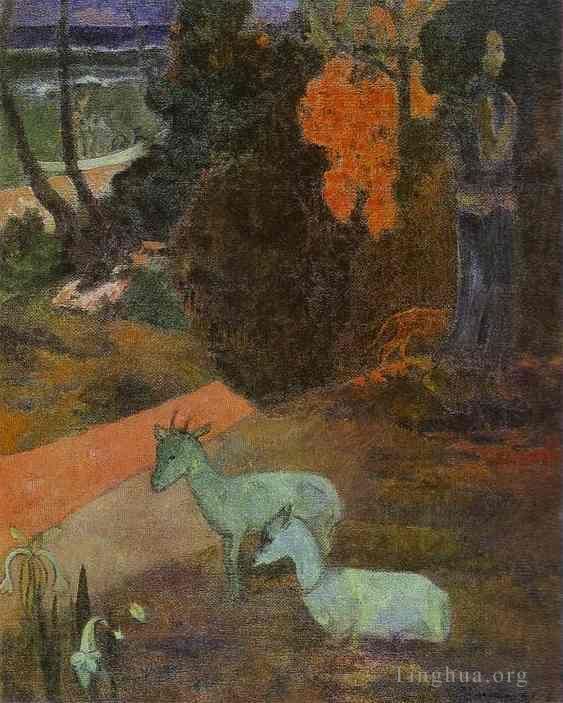 Paul Gauguin Peinture à l'huile - Tarari maruru Paysage avec deux chèvres