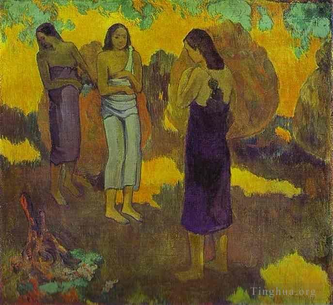 Paul Gauguin Peinture à l'huile - Trois femmes tahitiennes sur fond jaune