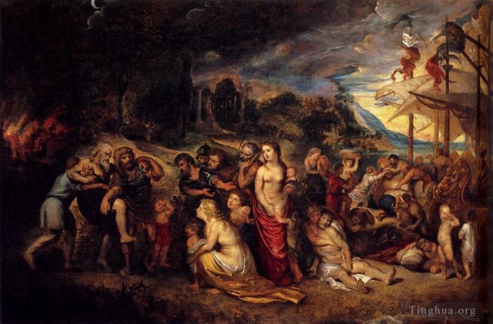 Pierre Paul Rubens Peinture à l'huile - Énée et sa famille partant de Troie