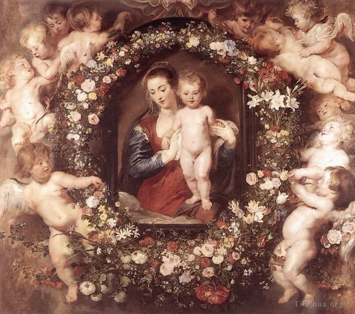 Pierre Paul Rubens Peinture à l'huile - Madone dans une couronne de fleurs