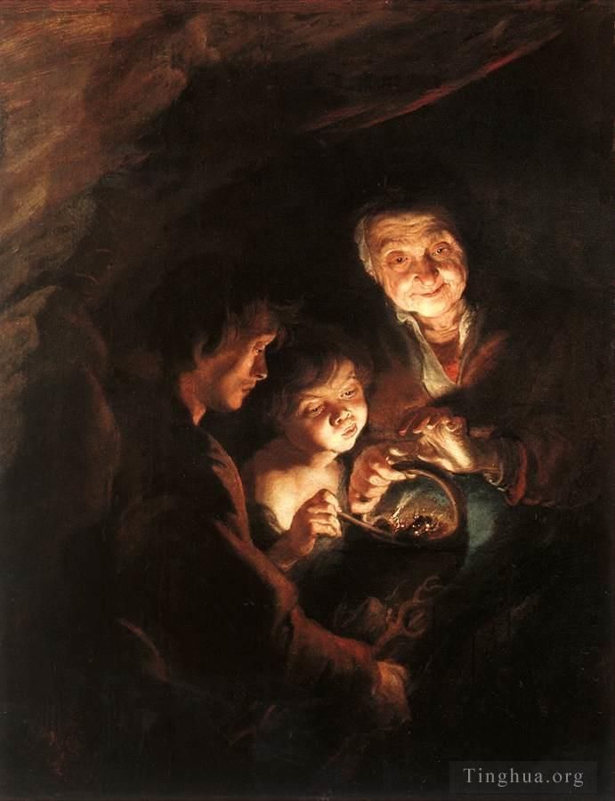 Pierre Paul Rubens Peinture à l'huile - Vieille femme avec un panier de charbon