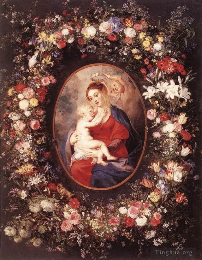 Pierre Paul Rubens Peinture à l'huile - La Vierge à l'Enfant dans une guirlande de fleurs