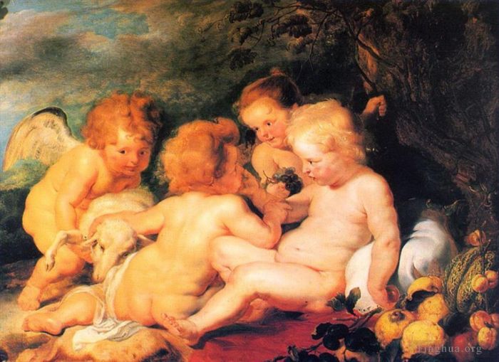 Pierre Paul Rubens Peinture à l'huile - Christ et Saint Jean avec des anges