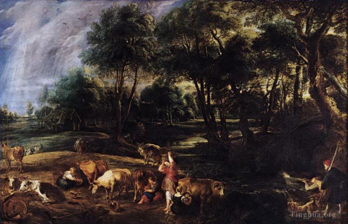 Pierre Paul Rubens Peinture à l'huile - Paysage avec vaches et oiseaux sauvages