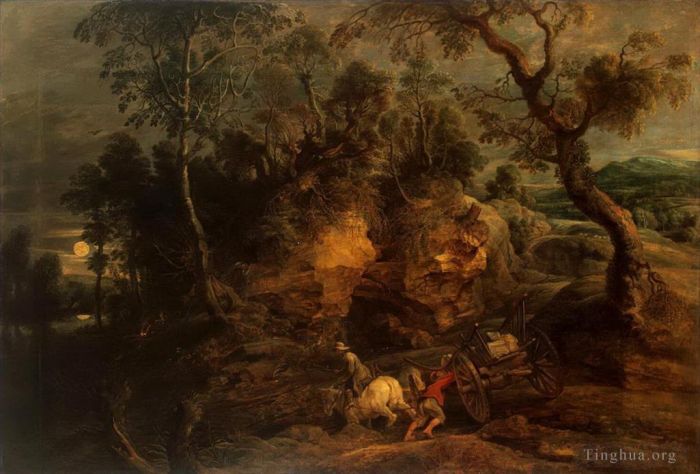 Pierre Paul Rubens Peinture à l'huile - Paysage avec porteurs de pierres