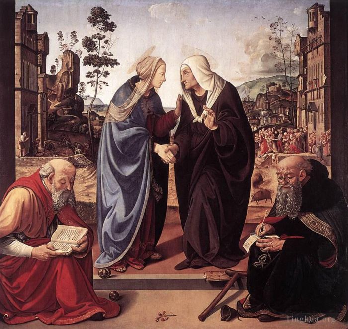 Piero di Cosimo Peinture à l'huile - La Visitation des saints Nicolas et Antoine 1489