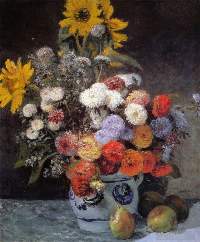 Pierre-Auguste Renoir Peinture à l'huile - Fleurs mélangées dans un pot en faïence