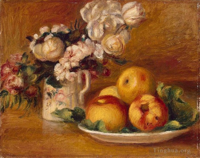 Pierre-Auguste Renoir Peinture à l'huile - Pommes et fleurs nature morte