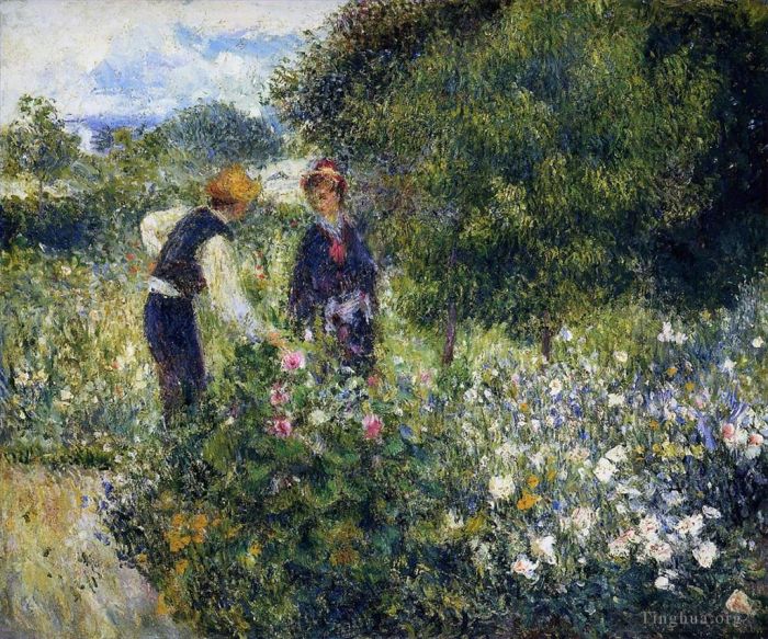 Pierre-Auguste Renoir Peinture à l'huile - Enoir cueillant des fleurs