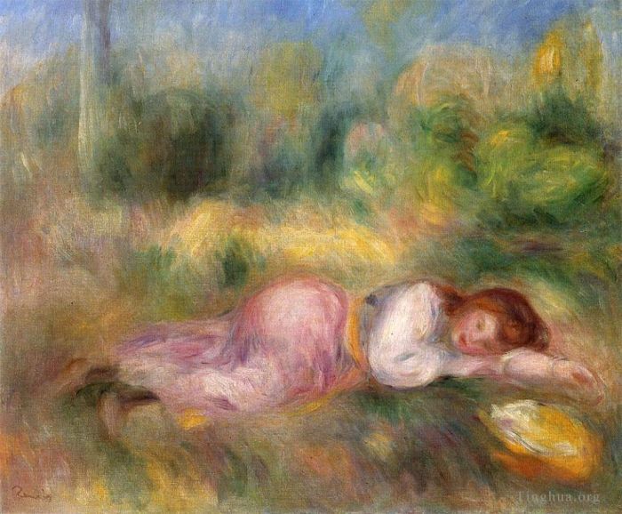 Pierre-Auguste Renoir Peinture à l'huile - Fille allongée sur l'herbe