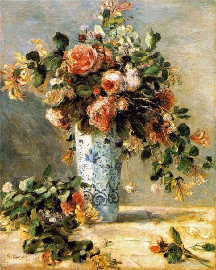 Pierre-Auguste Renoir Peinture à l'huile - Roses et jasmin dans une fleur de vase de Delft