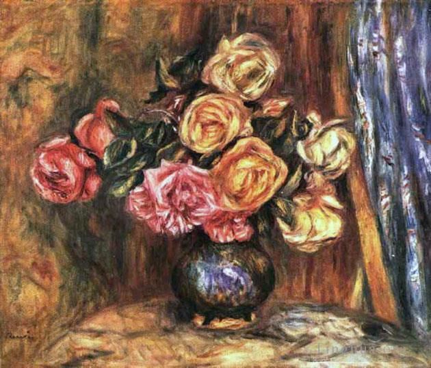 Pierre-Auguste Renoir Peinture à l'huile - Roses devant une fleur de rideau bleu