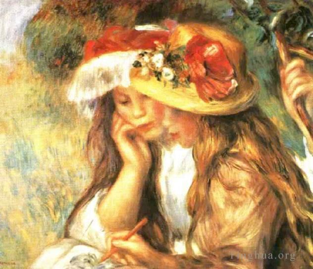 Pierre-Auguste Renoir Peinture à l'huile - Deux filles lisant dans le jardin