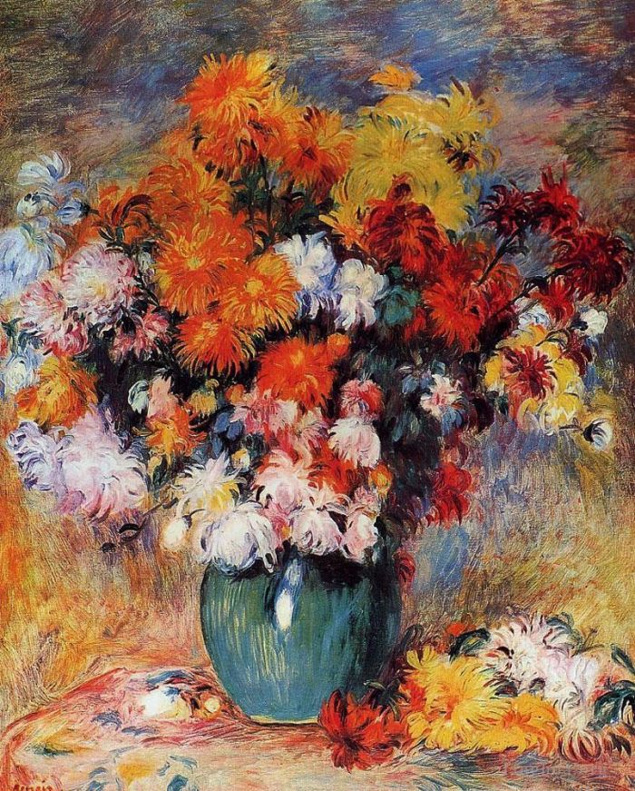 Pierre-Auguste Renoir Peinture à l'huile - Vase de chrysanthèmes