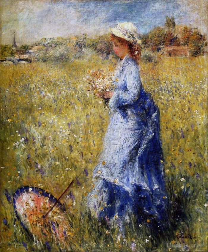 Pierre-Auguste Renoir Peinture à l'huile - Femme cueillant des fleurs