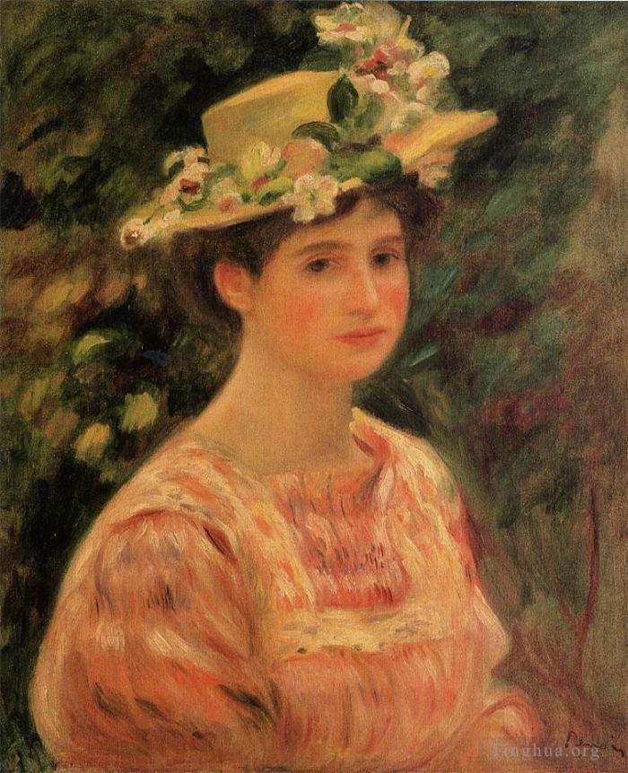 Pierre-Auguste Renoir Peinture à l'huile - Jeune femme portant un chapeau avec des roses sauvages