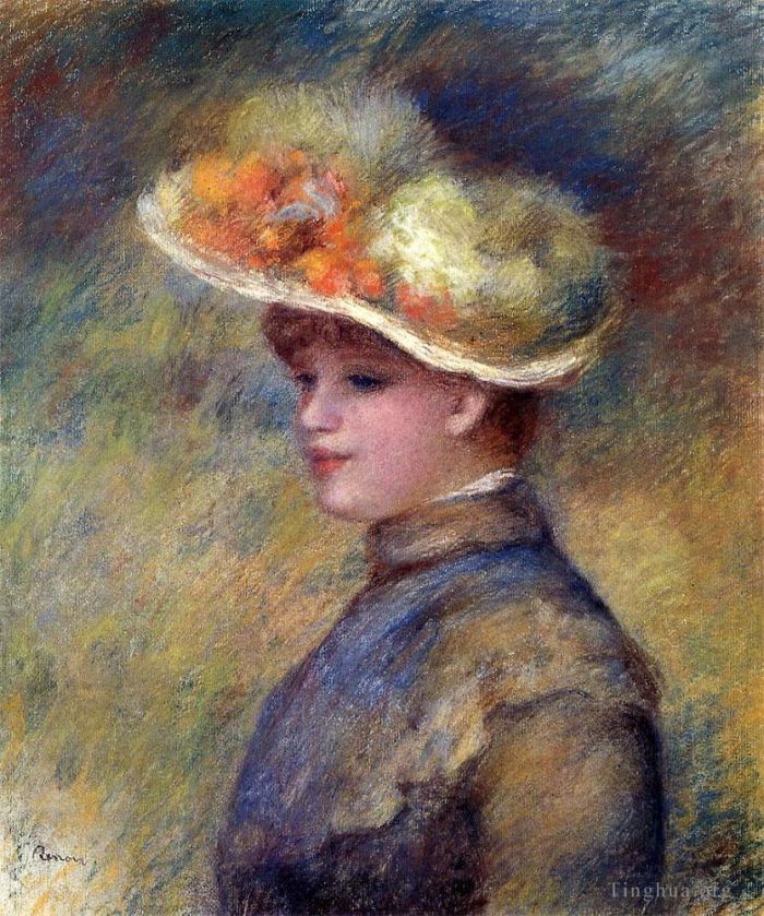 Pierre-Auguste Renoir Peinture à l'huile - Jeune femme portant un chapeau