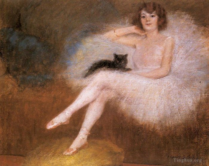 Pierre Carrier-Belleuse Peinture à l'huile - Ballerine avec un chat noir danseuse de ballet