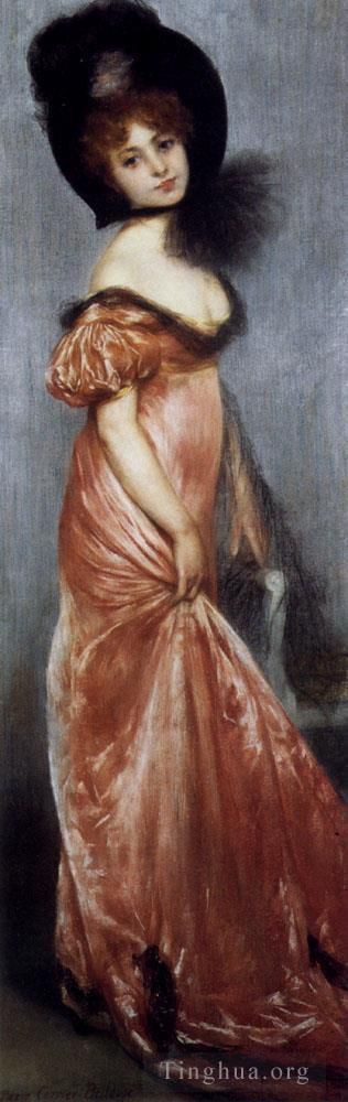 Pierre Carrier-Belleuse Peinture à l'huile - Jeune fille en robe rose