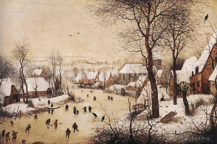 Pieter Brueghel the Elder Peinture à l'huile - Paysage d'hiver avec patineurs et piège à oiseaux