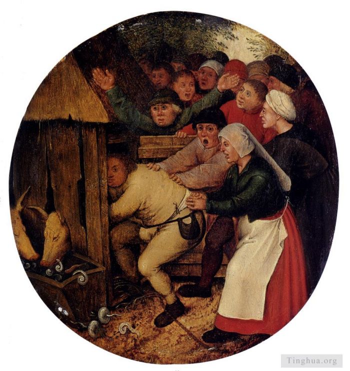 Pieter Bruegel the Younger Peinture à l'huile - Poussé dans la porcherie
