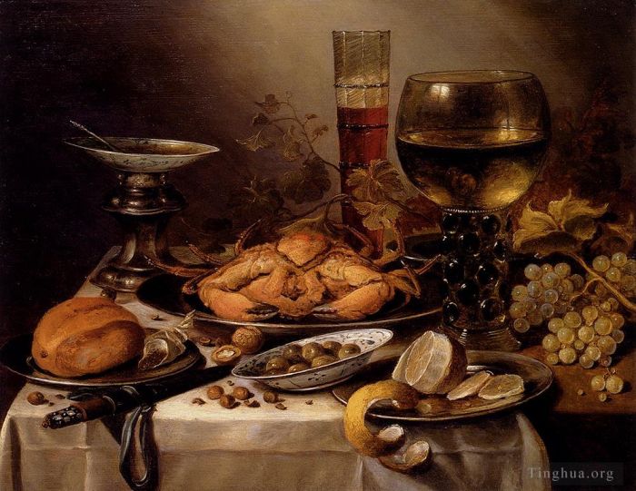 Pieter Claesz Peinture à l'huile - Banquet Nature Morte Au Crabe Sur Un Plateau D'argent