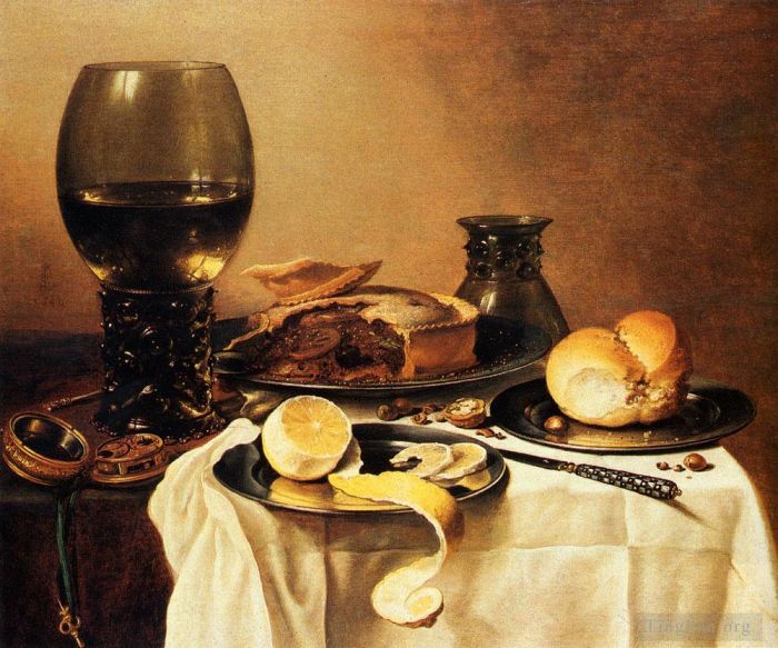 Pieter Claesz Peinture à l'huile - Petit-déjeuner nature morte avec tarte à la viande Roemer, citron et pain
