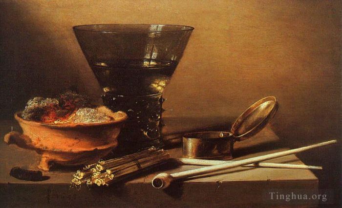 Pieter Claesz Peinture à l'huile - Nature morte avec du vin et des instruments à fumer