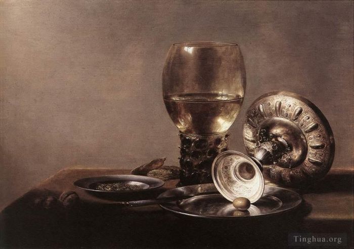 Pieter Claesz Peinture à l'huile - Nature morte avec verre à vin et bol en argent