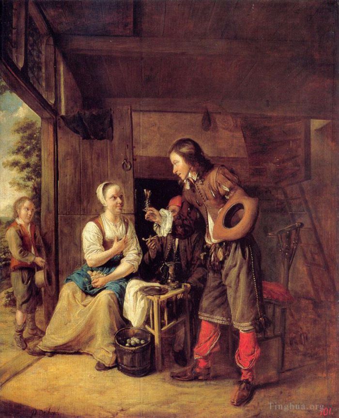 Pieter de Hooch Peinture à l'huile - Un homme offrant un verre de vin à une femme