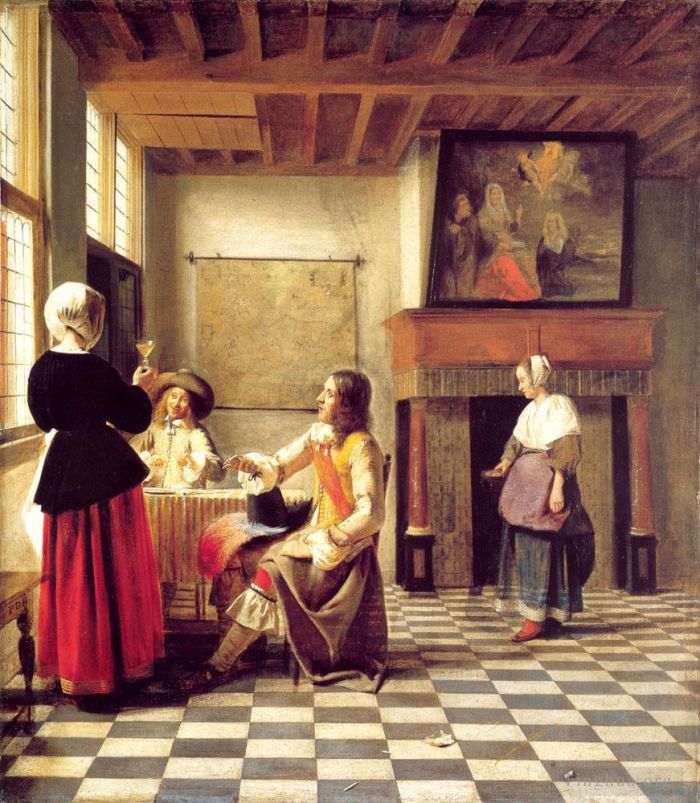 Pieter de Hooch Peinture à l'huile - Une femme buvant avec deux hommes et une servante