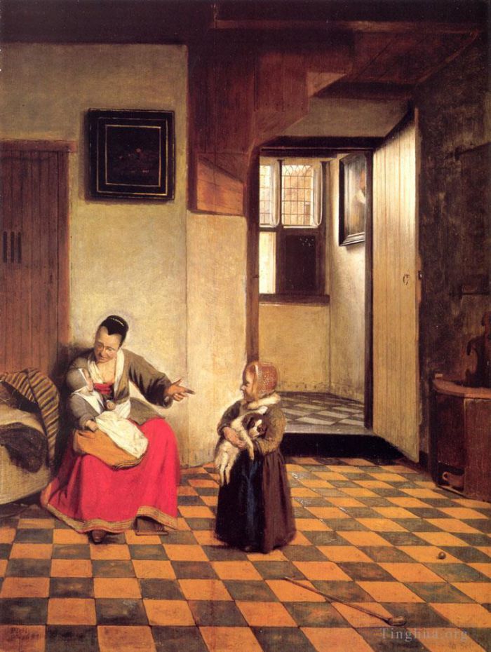 Pieter de Hooch Peinture à l'huile - Une femme avec un bébé sur ses genoux et un petit enfant