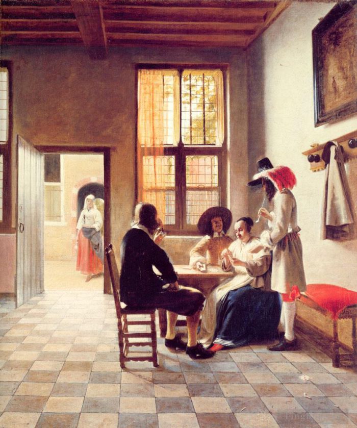 Pieter de Hooch Peinture à l'huile - Joueurs de cartes dans une pièce ensoleillée