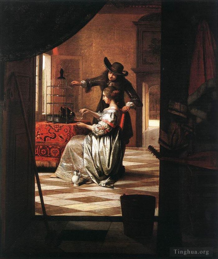 Pieter de Hooch Peinture à l'huile - Couple avec perroquet