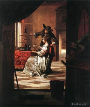 Pieter de Hooch œuvres - Couple avec perroquet