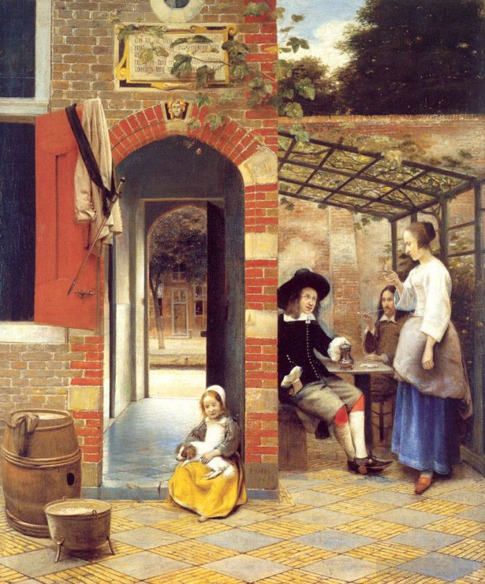Pieter de Hooch Peinture à l'huile - Personnages buvant dans une cour