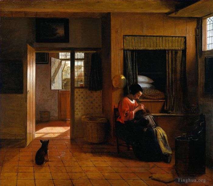 Pieter de Hooch Peinture à l'huile - Intérieur avec une mère épouillant les cheveux de son enfant connu sous le nom de devoir de mère