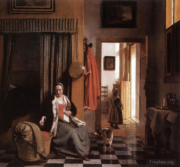 Pieter de Hooch Peinture à l'huile - Mère laçant son corsage à côté d'un berceau