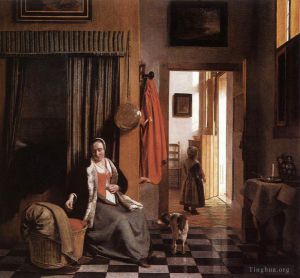 Pieter de Hooch œuvres - Mère laçant son corsage à côté d'un berceau
