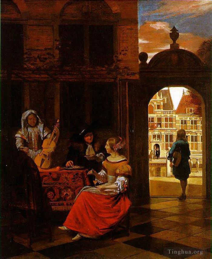 Pieter de Hooch Peinture à l'huile - Fête musicale dans une cour