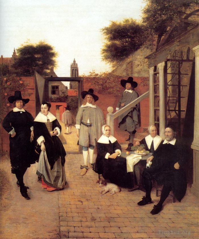 Pieter de Hooch Peinture à l'huile - Portrait d'une famille dans une cour à Delft