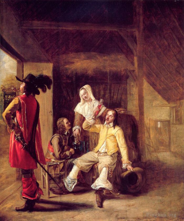 Pieter de Hooch Peinture à l'huile - Deux soldats et une servante avec un trompettiste