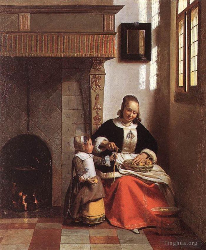Pieter de Hooch Peinture à l'huile - Femme épluchant des pommes