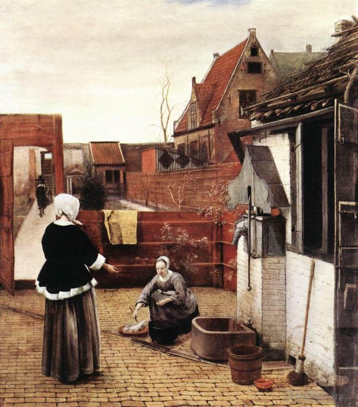 Pieter de Hooch Peinture à l'huile - Femme et femme de chambre dans une cour