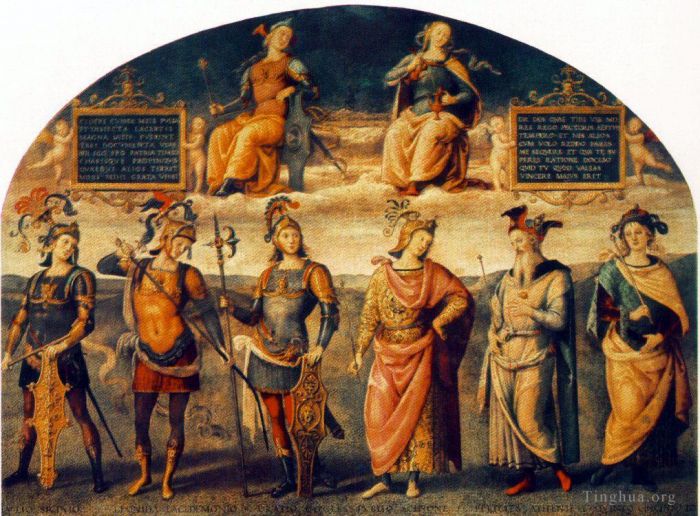 Pietro Perugino Peinture à l'huile - Courage et tempérance avec six héros antiques 1497