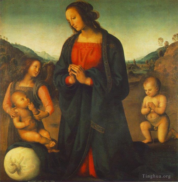 Pietro Perugino Peinture à l'huile - Madone un ange et le petit saint Jean adorant l'enfant Madonna del sacco 149515