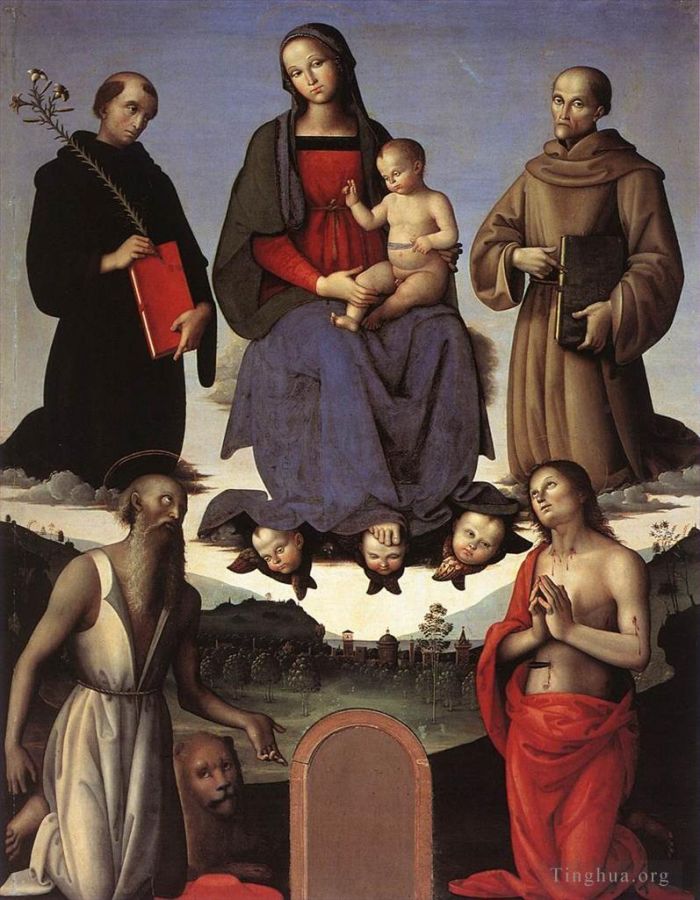 Pietro Perugino Peinture à l'huile - Vierge à l'Enfant avec quatre saints Retable de Tezi 1500