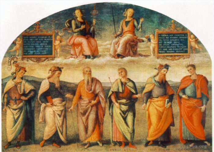 Pietro Perugino Peinture à l'huile - Prudence et justice avec six sages antiques 1497