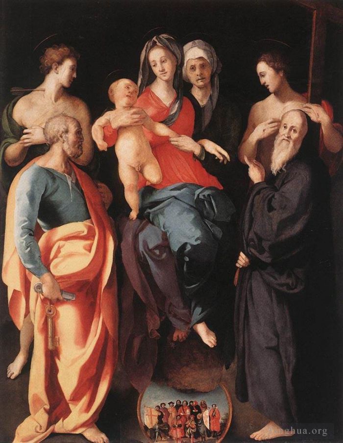 Jacopo da Pontormo Peinture à l'huile - Vierge à l'Enfant avec Sainte Anne et autres saints