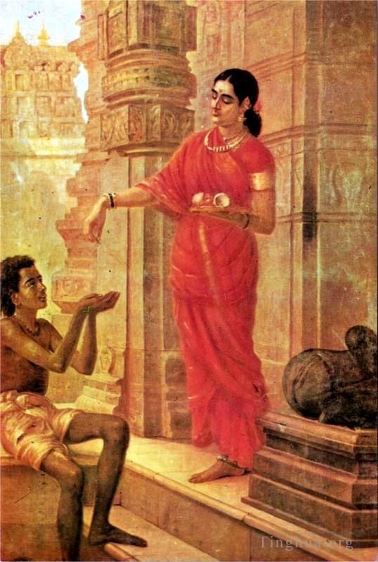 Râja Ravi Varmâ Peinture à l'huile - Dame faisant l'aumône au Temple